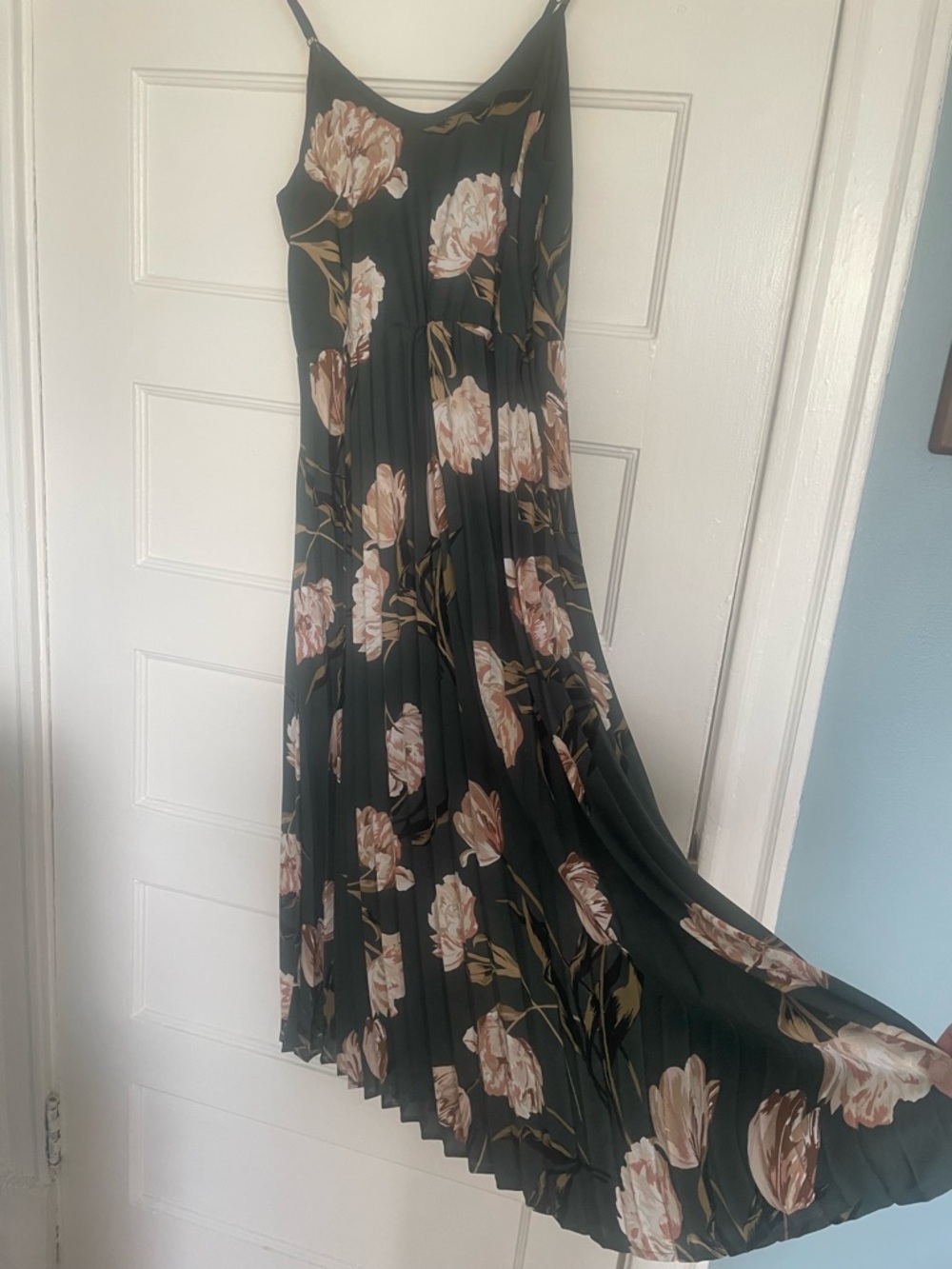 Forest Green and Pink Floral Pleated Maxi Dress
